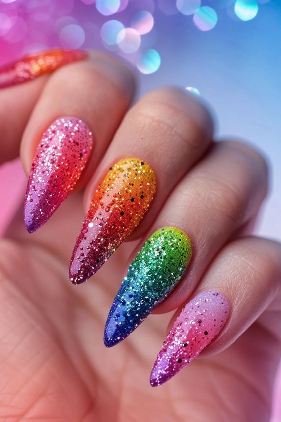 Rainbow Glitter Ombre Nails